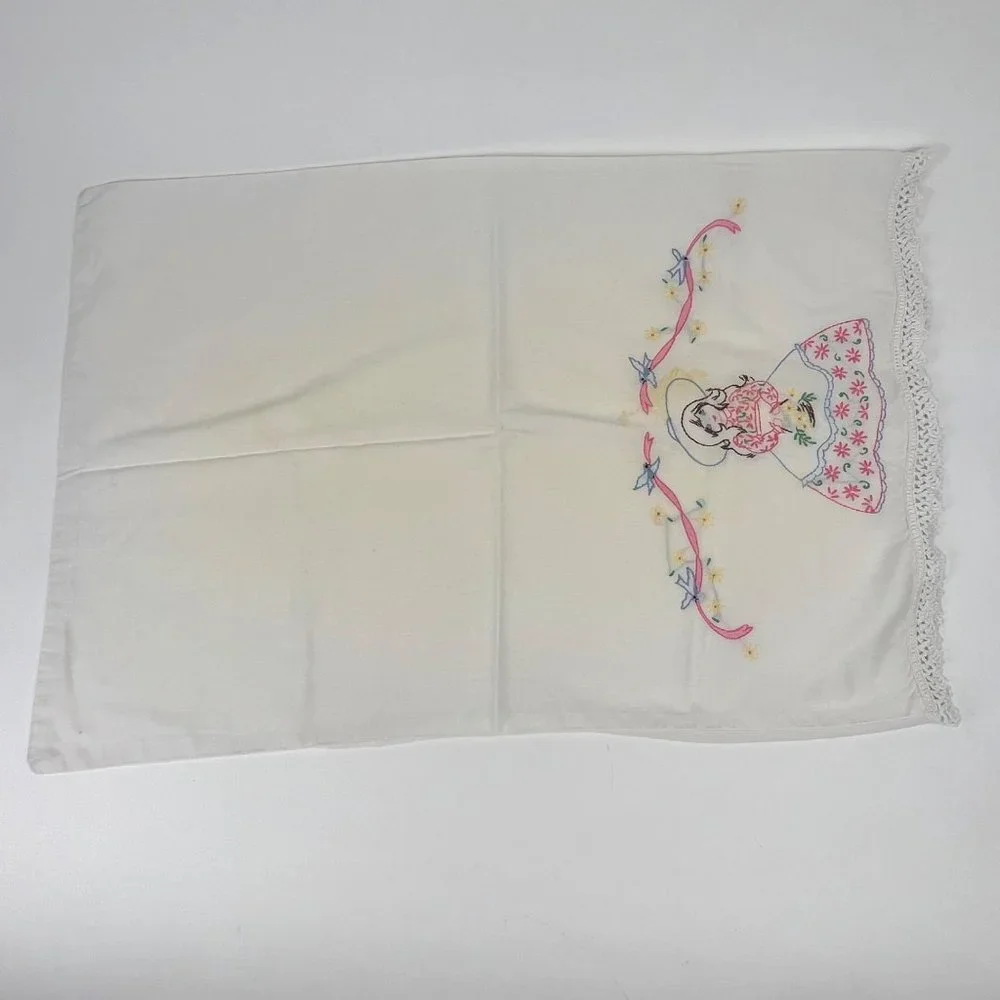 Vintage Hand-Embroidered Pillowcases Crochet Edge Set of 2 Girl with Basket of F